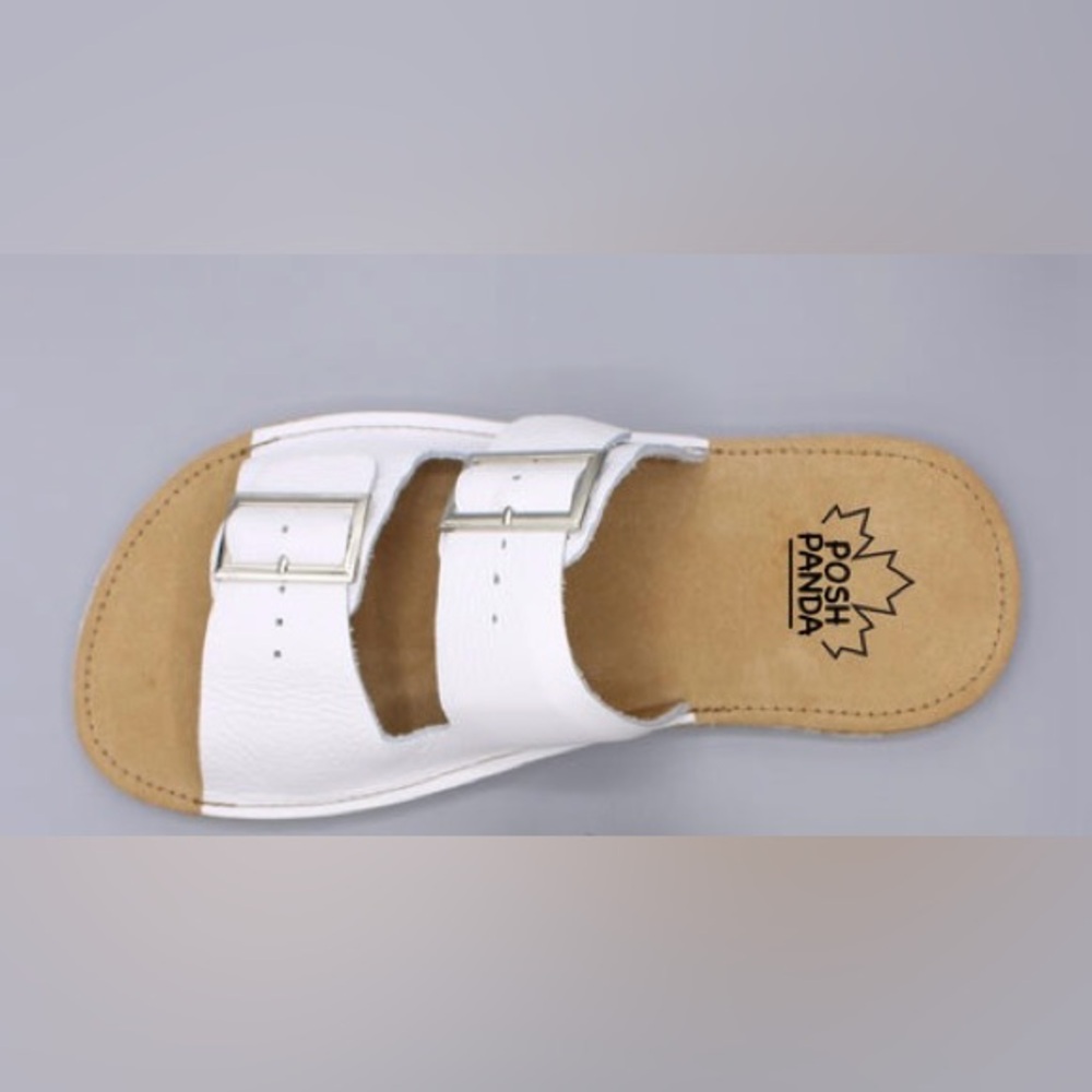Women's White Double-Buckle Posh Panda Slide Sandals